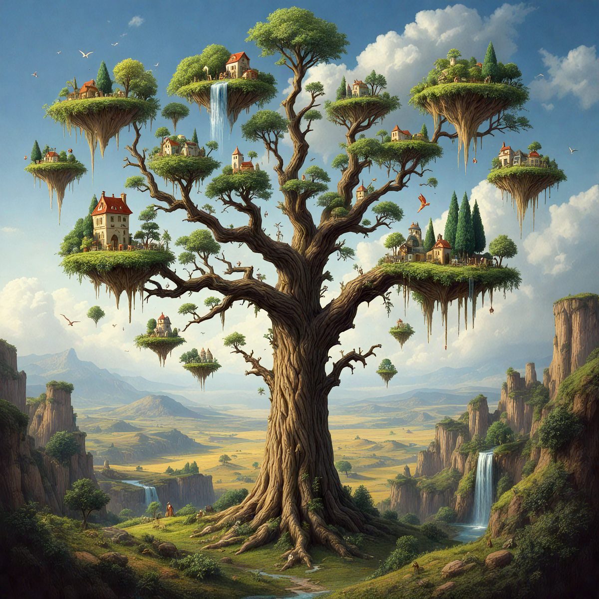 The primary subject of the image is a large tree with many houses built on its branches. The tree is located in a lush green field, and the houses are scattered throughout the tree, creating a unique and whimsical scene. The visual style of the image is a combination of digital art and illustration, giving it a vibrant and imaginative appearance. The colors and mood of the image are predominantly green, with a touch of brown from the tree, and a sense of wonder and playfulness.